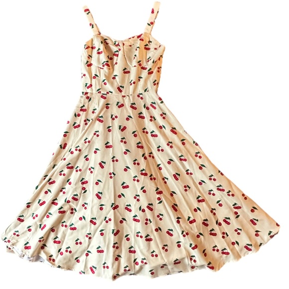 Belle Paque Sweetheart Neck A-Line Dress Medium Cocktail Yellow Red Cherries - Picture 3 of 13